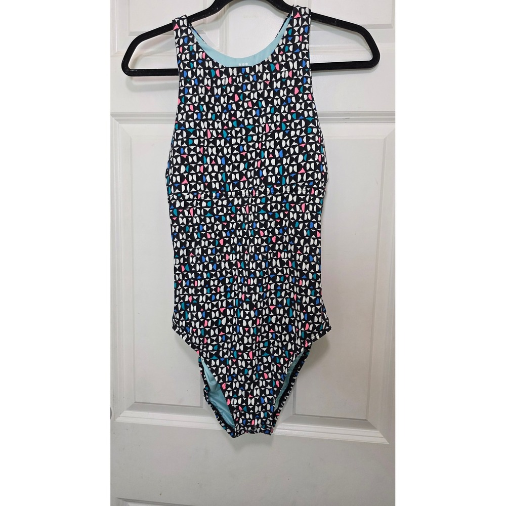 Title Nine Swimsuit Womens M Black Geometric One Piece Racerback Active Swimwear